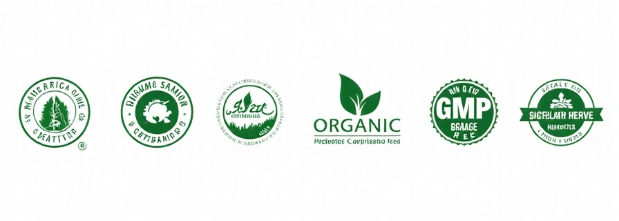 A collection of certification logos for natural products, including organic, non-GMO, cruelty-free, and GMP, arranged neatly on a clean background, symbolizing trust and quality without any text.