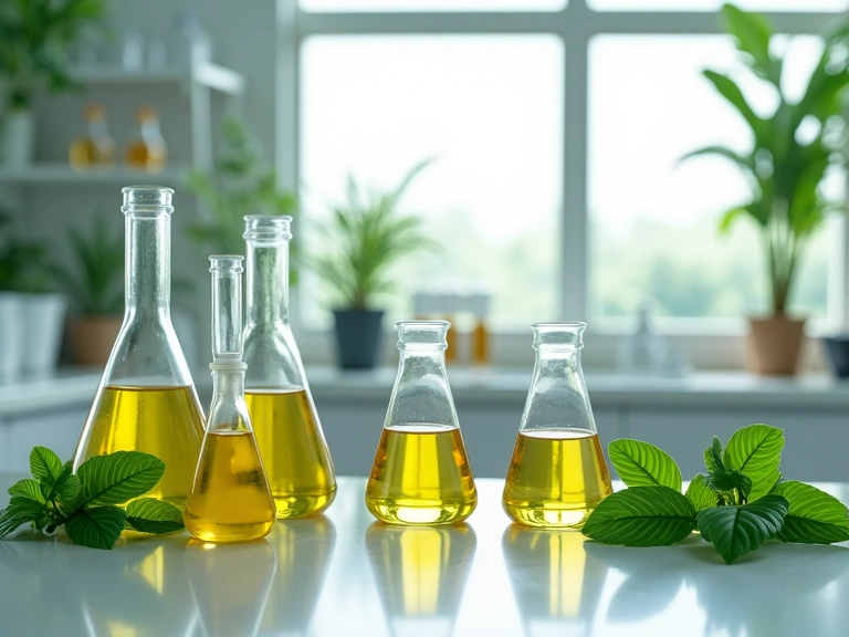 Natural ingredients being analyzed in a clean, modern laboratory setting, emphasizing purity and scientific rigor without any text.