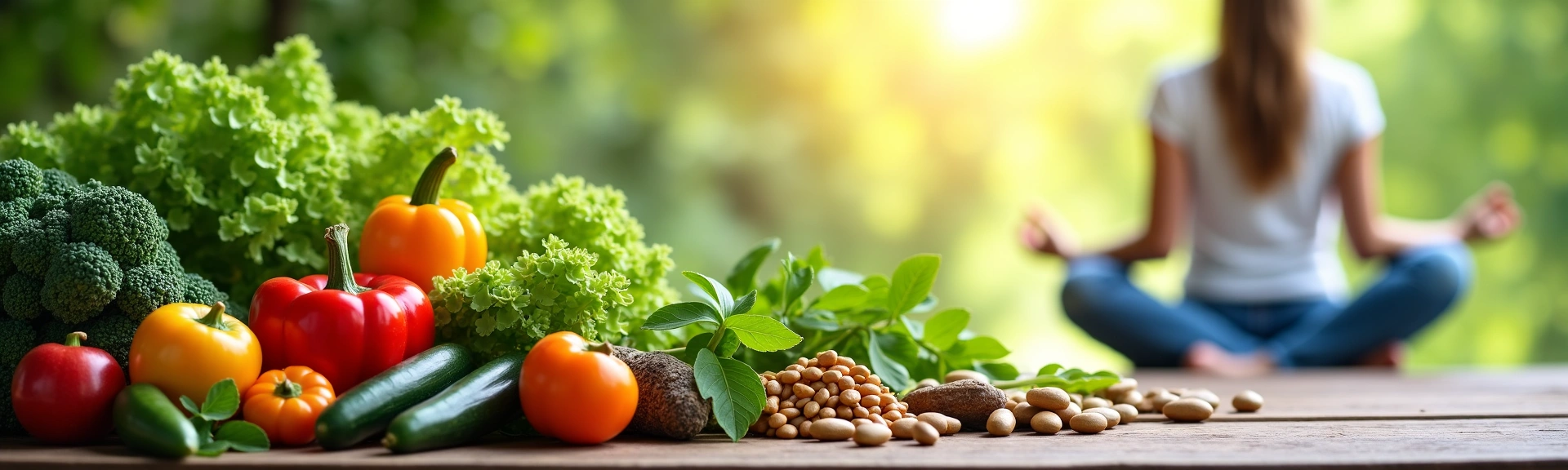 Banner displaying natural products and healthy lifestyle visuals with a serene background.