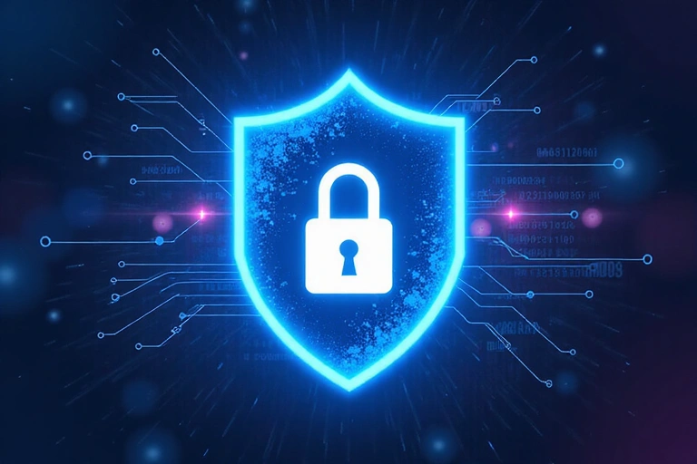 Data privacy and protection concept with padlock and digital shield
