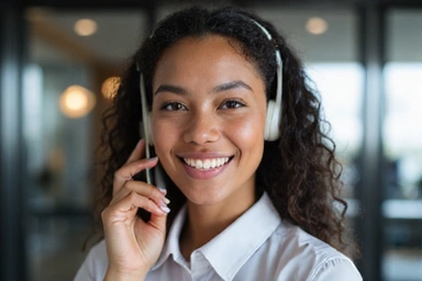 A friendly customer service representative smiling and holding a phone, indicating good customer support.